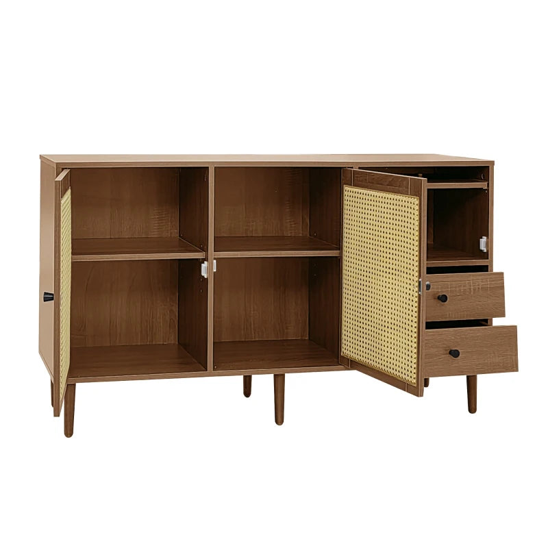 Country-Style Rattan Door Sideboard with Adjustable Shelves - Natural Wood Cabinet for Living Room & Hallway, 130x40x75.5 cm