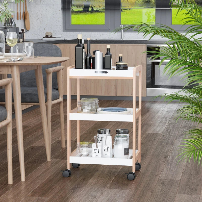 3-Tier Mobile Kitchen Trolley Cart with Rolling Wheels - White Storage Shelves Rack, 46 x 35 x 74.5 cm