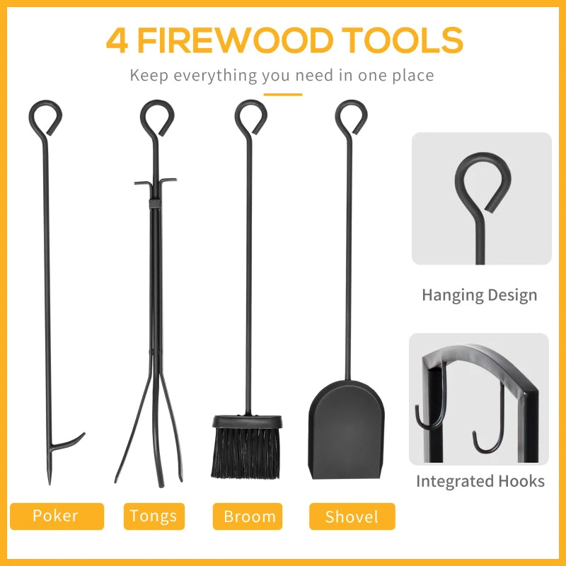 Metal Firewood Log Holder Rack - 2 Layer Indoor Outdoor Fireplace Wood Storage with Tools & Hooks, Black, 40L x 30W x 74.5H cm