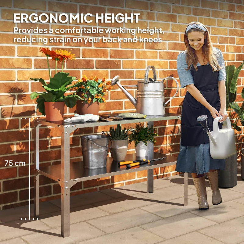 2 Tier Galvanised Steel Potting Bench Table - Silver Tone, 110 x 50 x 75 cm - Outdoor Garden Workstation with Storage Shelf for Patio and Greenhouse