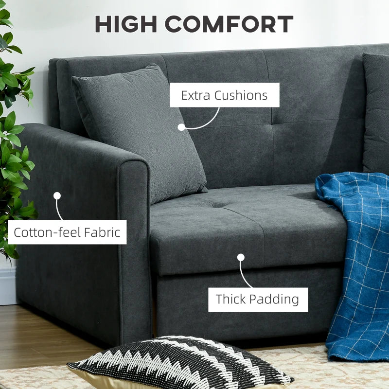 Modern 2 Seater Sofa Bed with Hidden Storage, Cotton Loveseat Couch and Cushions for Living Room, Dark Grey