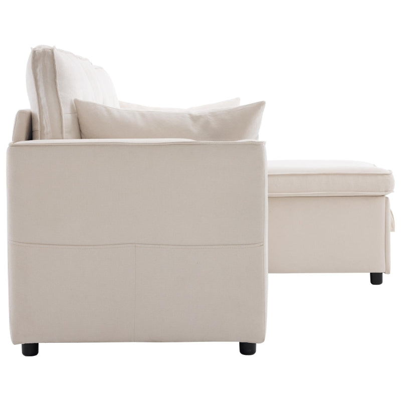 Versatile L-Shaped Sofa Bed with Reversible Chaise, Storage, Cup Holders and Cushions in Beige