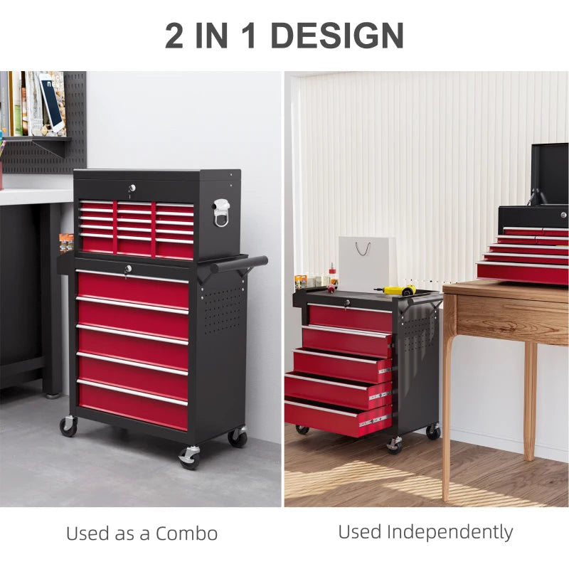 Large Tall Tool Storage Chest on Wheels -  14 Slide-Out Drawers - 2 Parts - Red & Black
