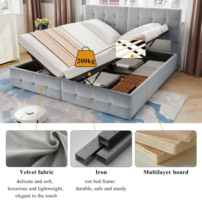 Velvet Upholstered Double Bed with Hydraulic Lift Storage Iron Frame Grey 197x181x105 cm
