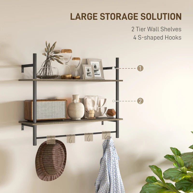 Rustic Wall Mounted Floating Shelves with 4 Hooks - Stylish Grey Shelf Unit for Living Room & Entryway Decor