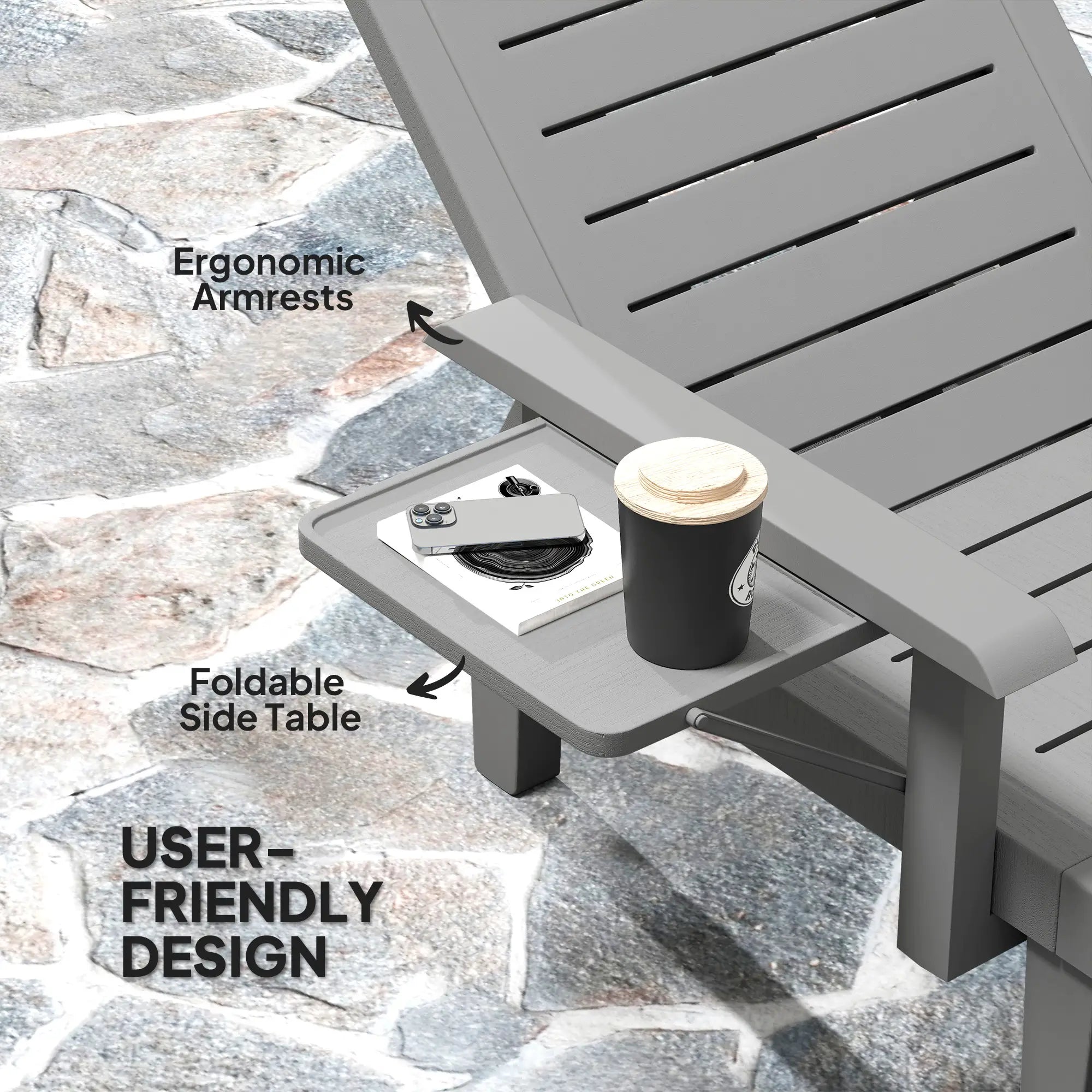 Set of 2 Resin Reclining Sun Loungers for Garden - 5 Positions - Outdoor Chaise Lounge Chairs with Wood Texture Surface, Armrests & Foldable Side Table