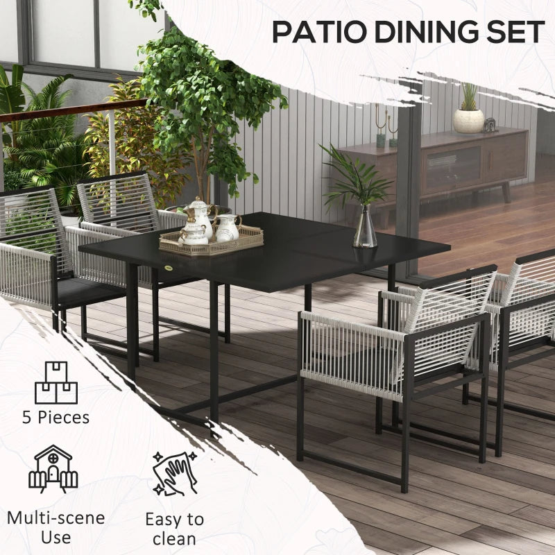 5-Piece Light Grey Metal Dining Set with Folding Back Chairs - Outdoor Patio Furniture