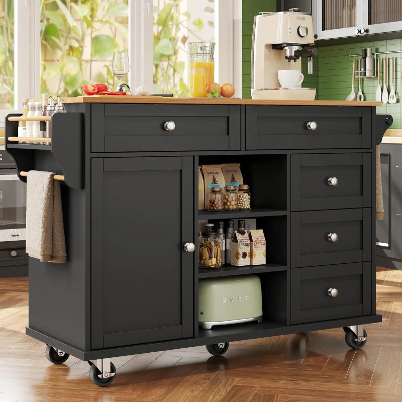 4-Tier Rolling Kitchen Island with Versatile Storage - Black Wooden Finish for Utensils & Kitchen Organization