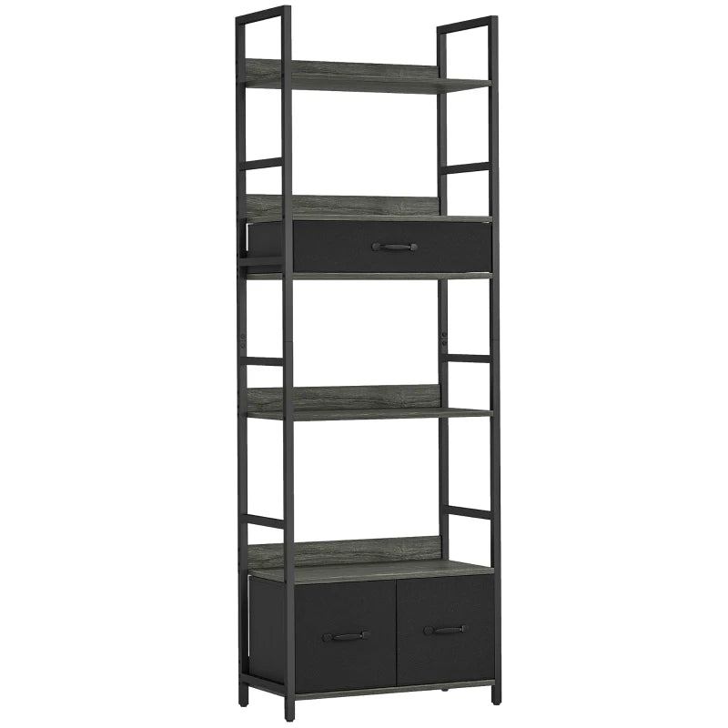 Industrial Style Bookcase with 4 Shelves & 3 Fabric Drawers - Modern Grey/Black Storage Solution for Home or Office