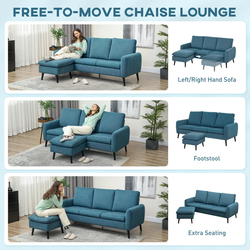 L-shaped 3 Seater Corduroy Sofa with Ottoman and Reversible Chaise for Small Living Rooms, Blue