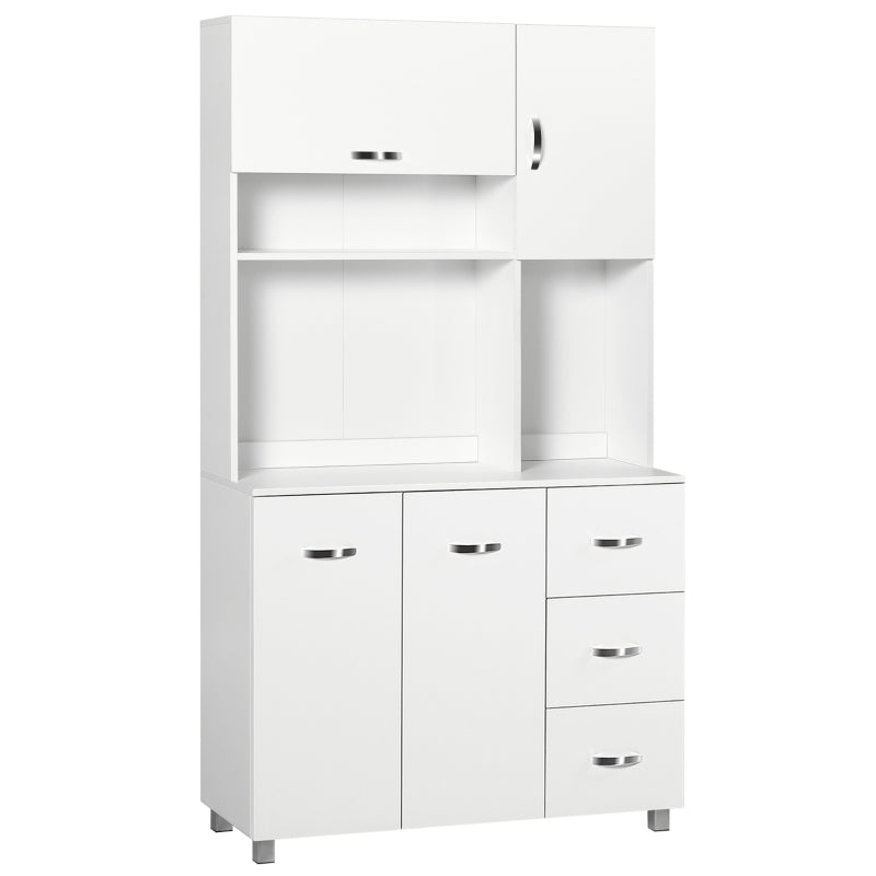 183cm Tall Kitchen Cupboard Storage Cabinet with Countertop, 3 Drawers, Flip Top Door, 3 Doors & Open Shelves - White