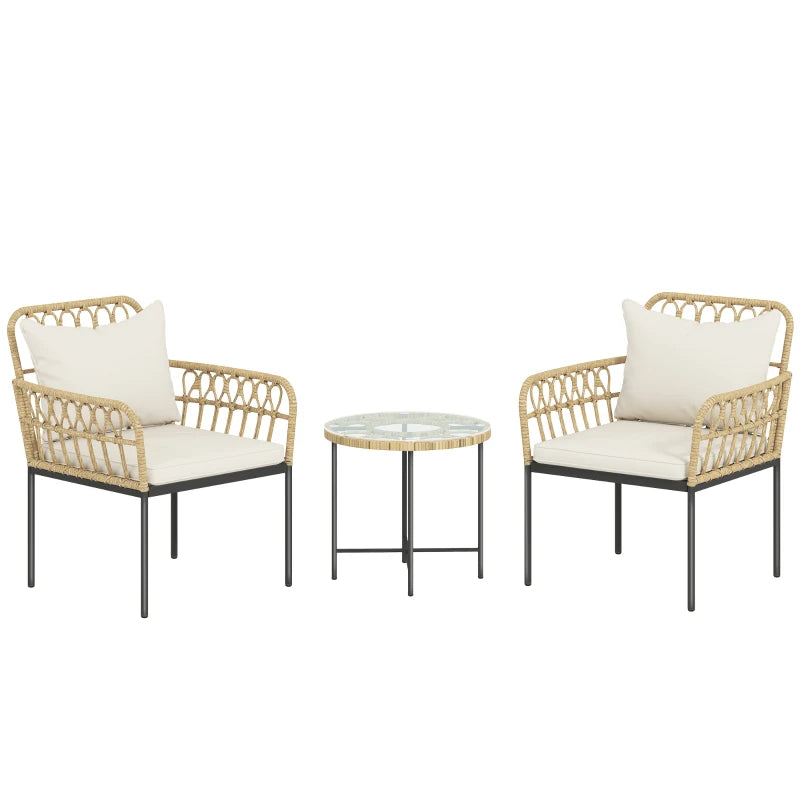 3 Piece Rattan Bistro Set with Cushions - Outdoor Wicker Furniture for Patio & Balcony