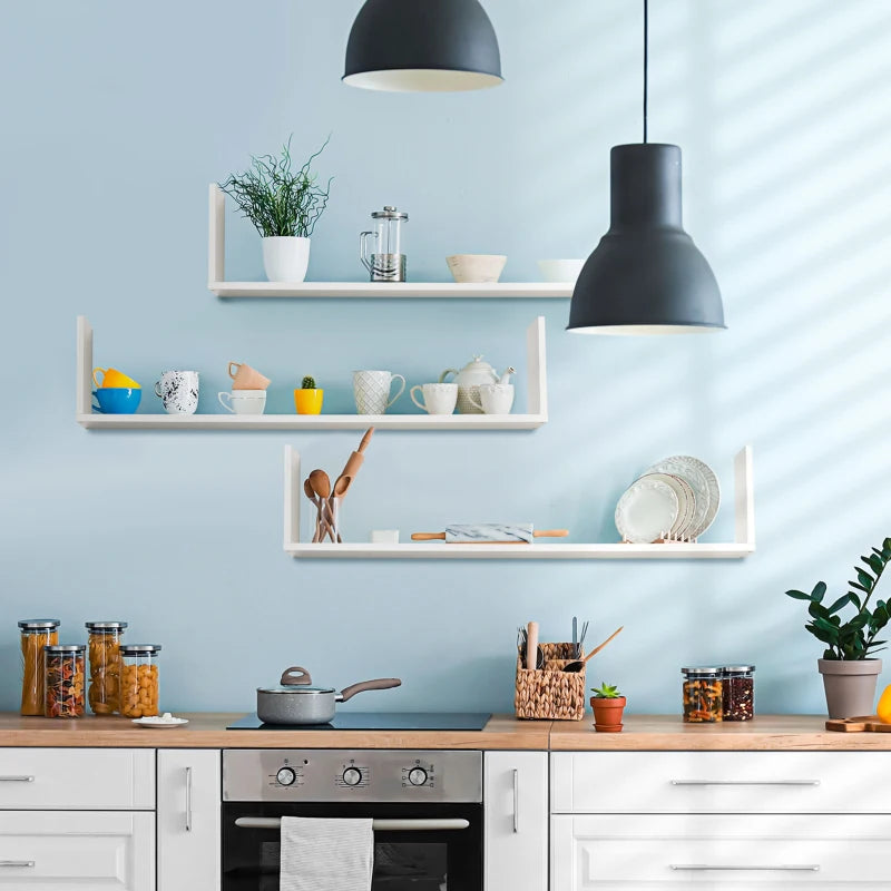 Set of 3 White Wooden U-Shaped Floating Shelves - Wall Mounted Bookshelf for Bedroom, Living Room, Kitchen Storage & Display