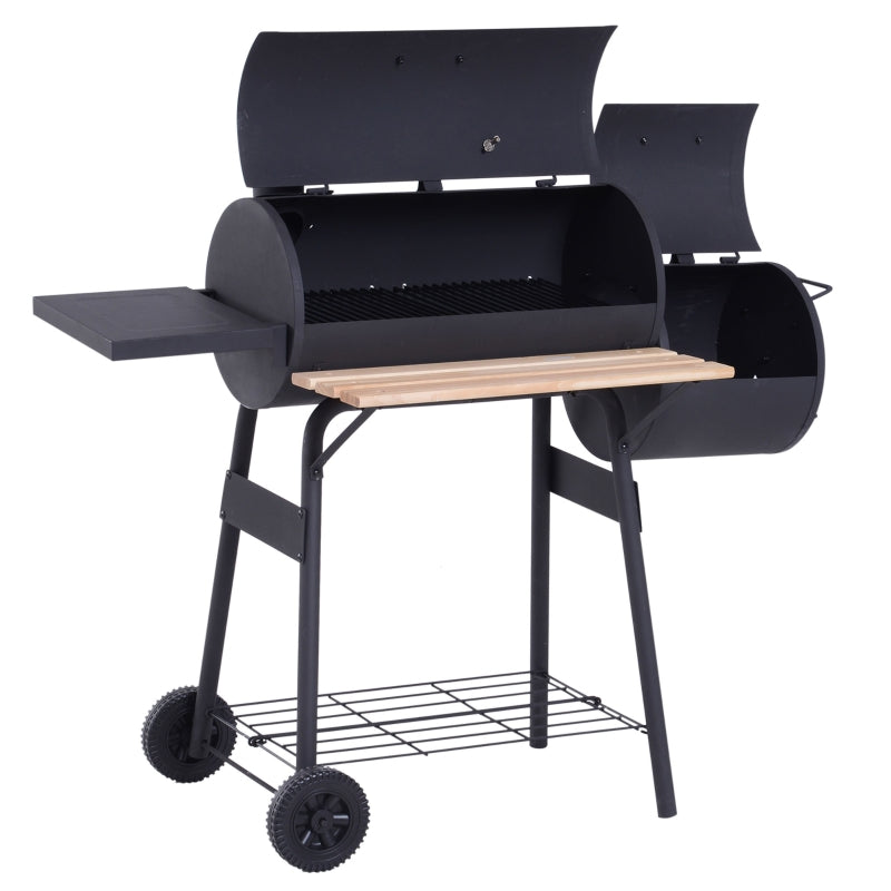 Portable Charcoal BBQ Grill, Cold-Rolled Steel & Solid Wood, Black, 104x124x53 cm