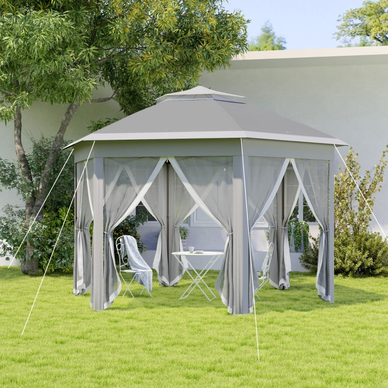 3x4m Dark Grey Hexagon Garden Gazebo - Pop Up Party Tent Canopy with Double Roof, Netting & Carry Bag for Outdoor Patio