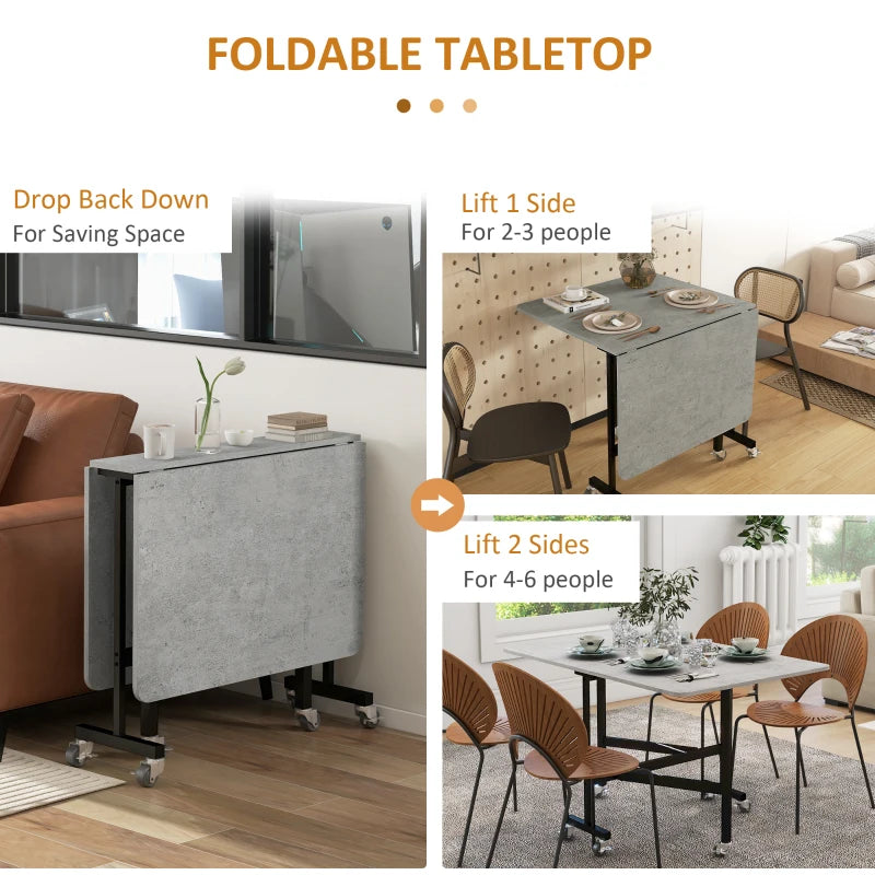Mobile Drop Leaf Folding Dining Table with 6 Wheels & Brakes - Space-Saving Kitchen Table in Grey Marble Effect