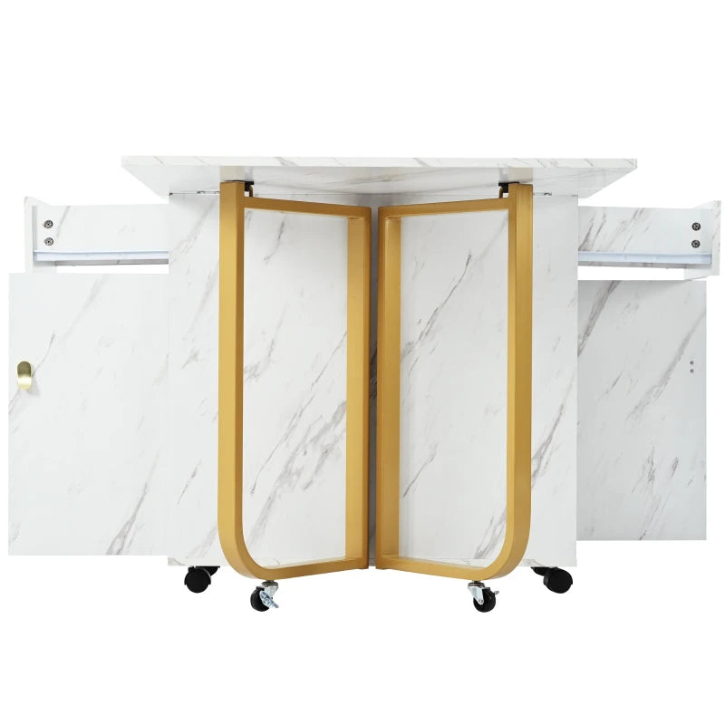 Folding Extendable Dining Table with Cupboard & 2 Drawers - Space-Saving Utility Table on Castors, Adjustable Legs, White/Gold