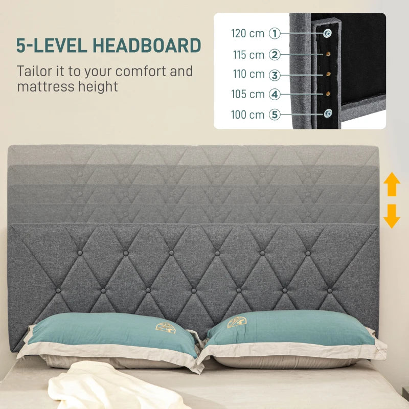 Adjustable Linen Upholstered Double Bed Frame with Stylish Headboard in Grey 145x196x120cm