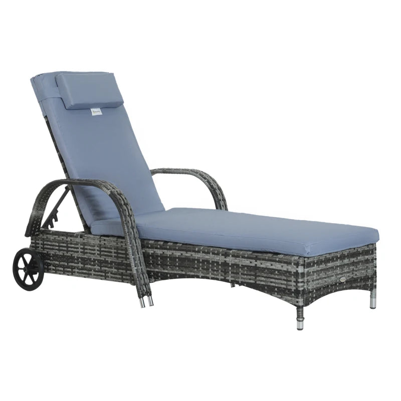 Grey Rattan Sun Lounger with Adjustable Headrest and Blue Cushion