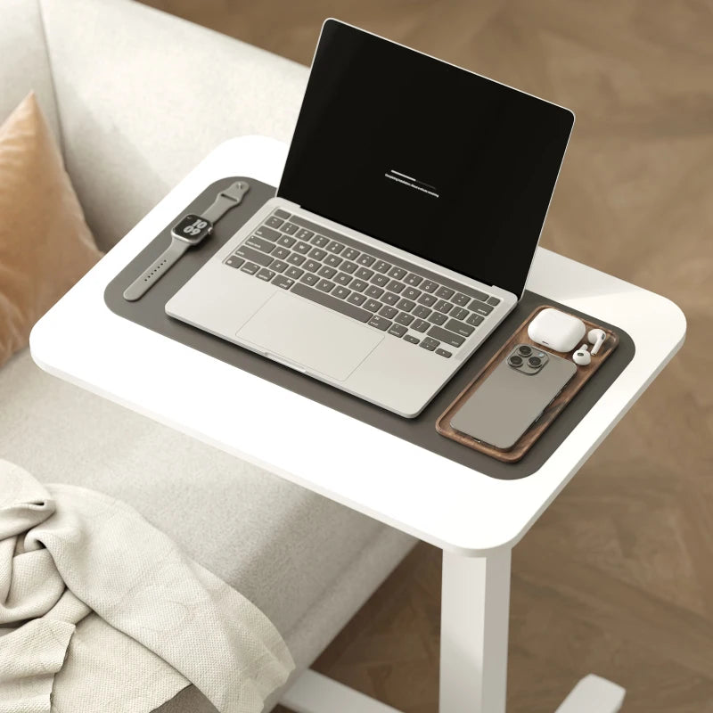 Height Adjustable Pneumatic Standing Desk - Mobile Overbed Table with Wheels for Home Office & Laptop - White Finish