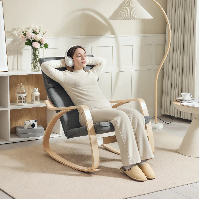 Comfortable Upholstered Rocking Chair with High Back and Headrest for Living Room and Bedroom in Grey