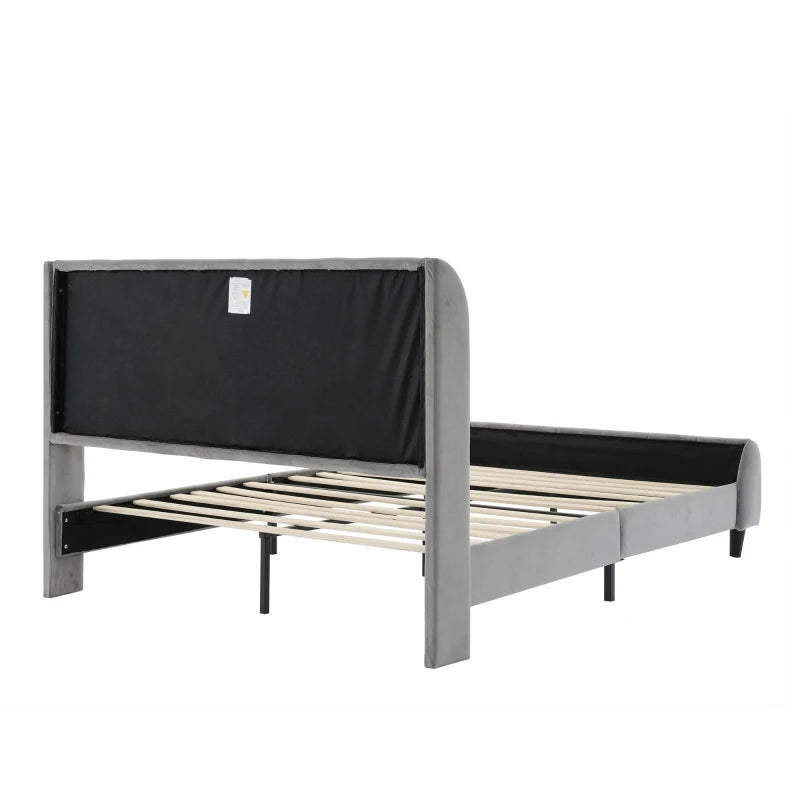 Double Upholstered Bed with Soft Backrest - Vertical Stripe Design, Metal Frame, Gray - 202L x 149W x 103H cm
