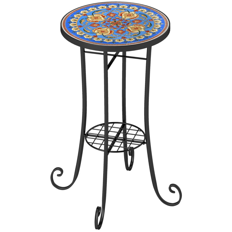 35.5 cm Round Blue Mosaic Garden Table - Ceramic Tile Top Outdoor Bistro Table with Shelf for Patio, Balcony, Indoor Use