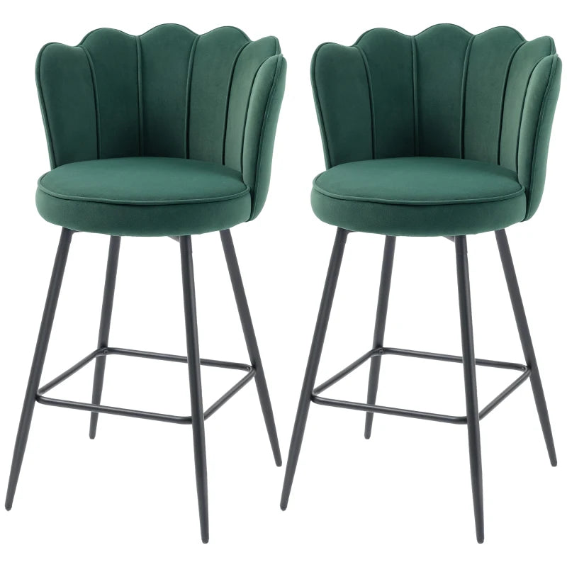 Set of 2 Dark Green Velvet Lotus Bar Stools - Stylish, Comfortable Seating for Kitchen or Home Bar