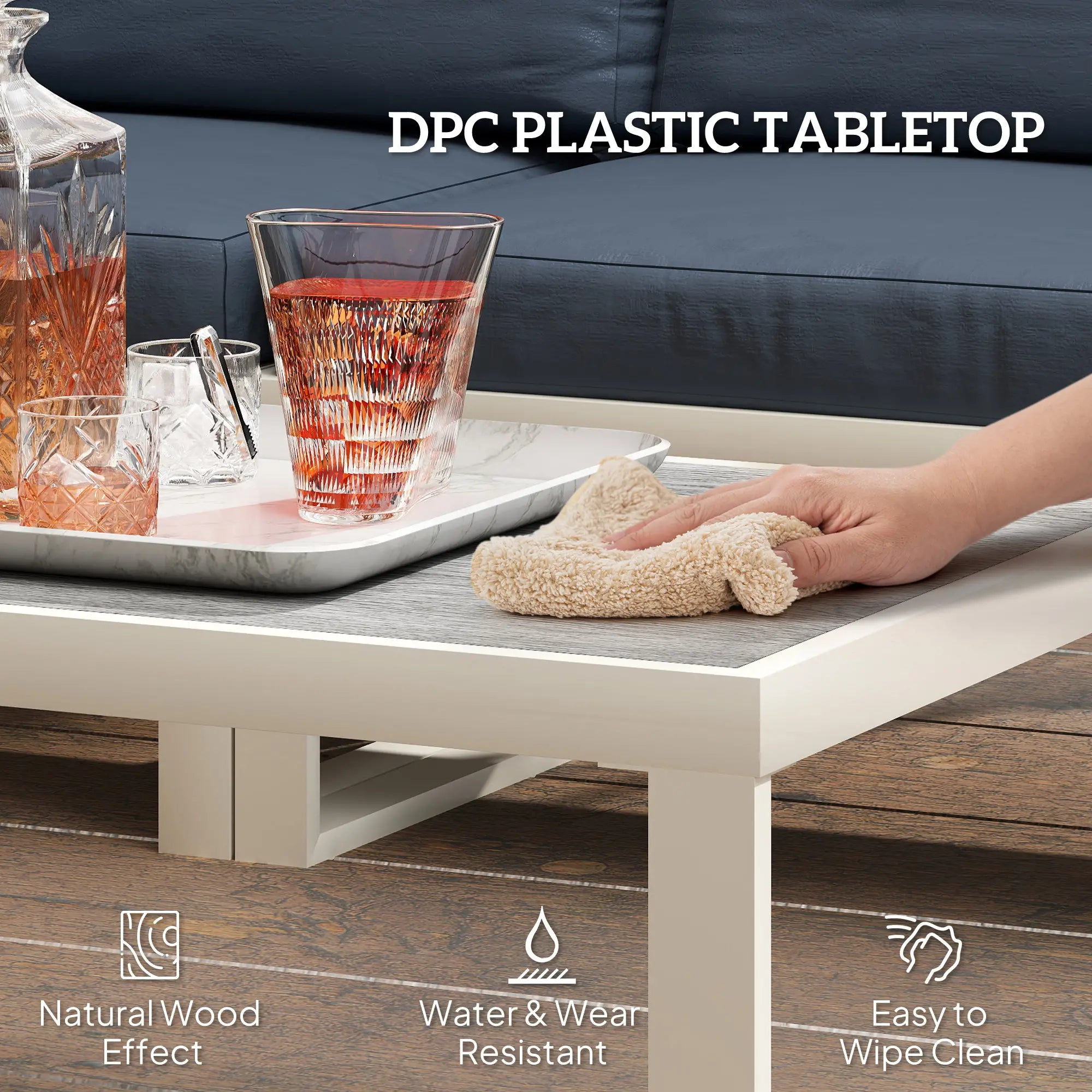 Light Coloured L Shaped Outdoor Sofa with 5-Level Adjustable Lounger - Blue Cushions