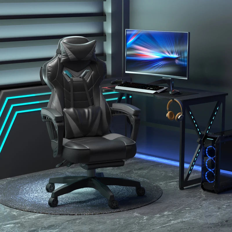 Vinsetto Grey Gaming Chair with Lumbar Support & Footrest - PU Leather Racing Desk Chair with Headrest & Swivel Wheels