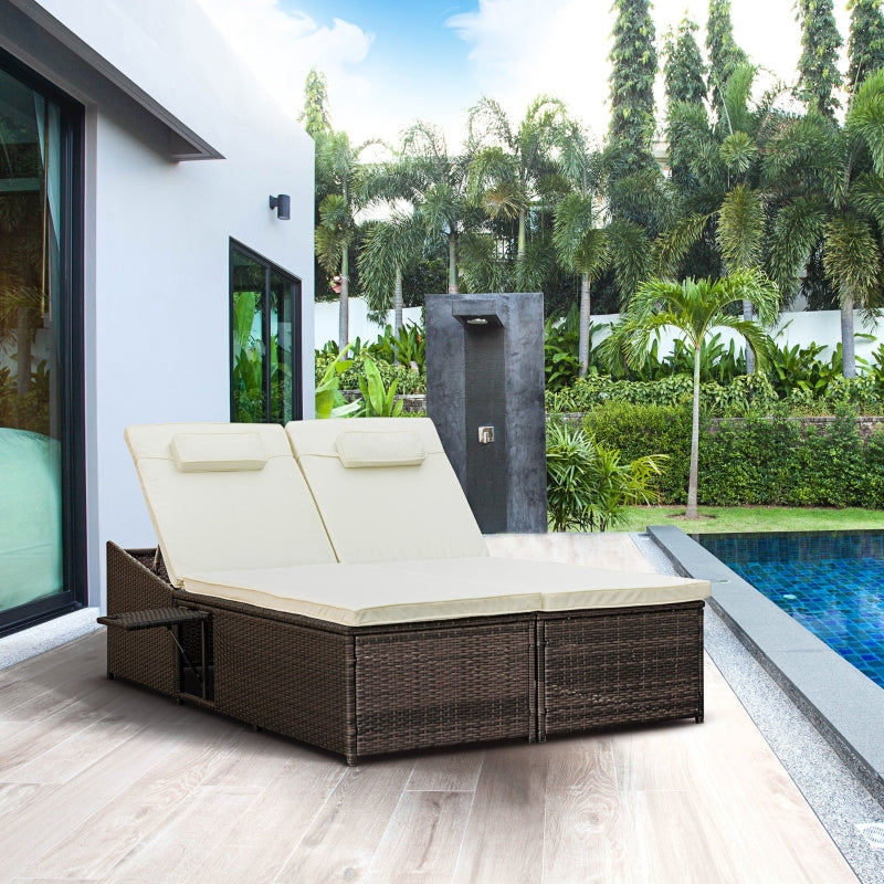 Double Rattan Sun Lounger Recliner Day Bed - Cream