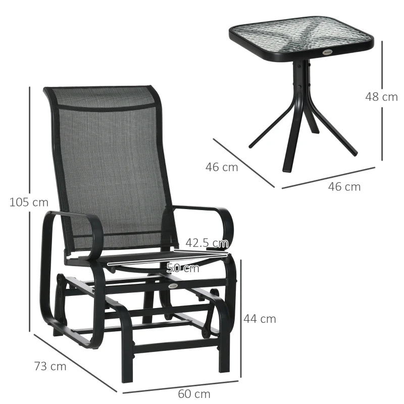 Black 3-Piece Metal Frame Gliding Chair Set with Glass Top Coffee Table