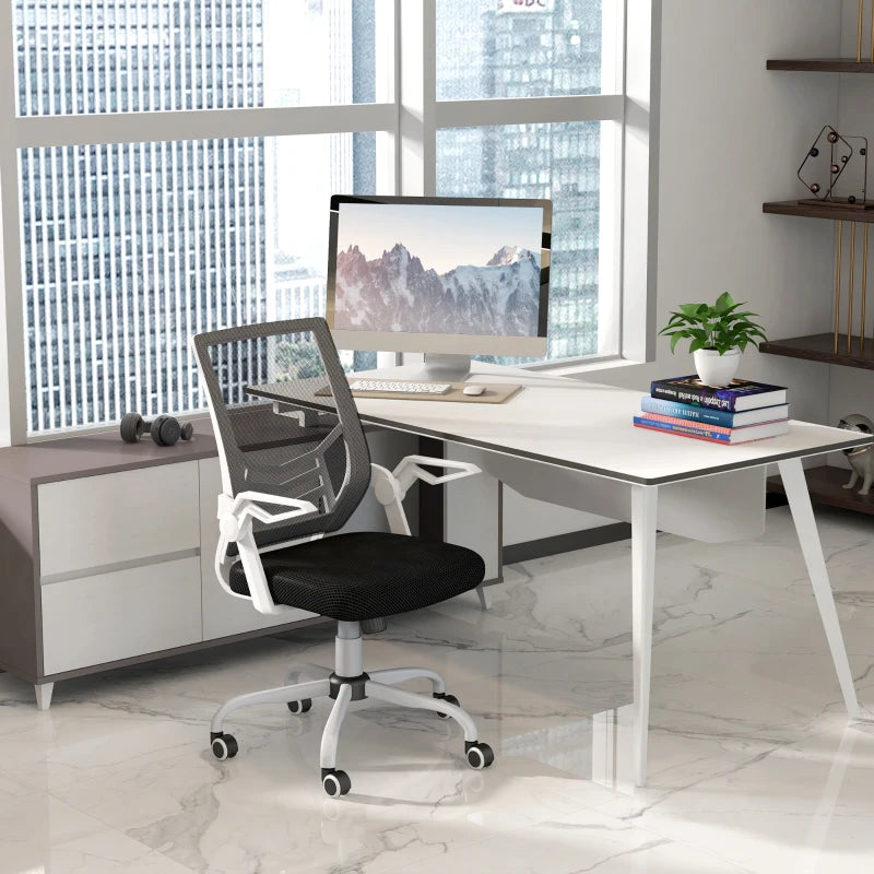 Vinsetto Ergonomic Mesh Office Chair with Flip-up Armrests, Lumbar Support & Swivel Wheels - Black Computer Desk Chair