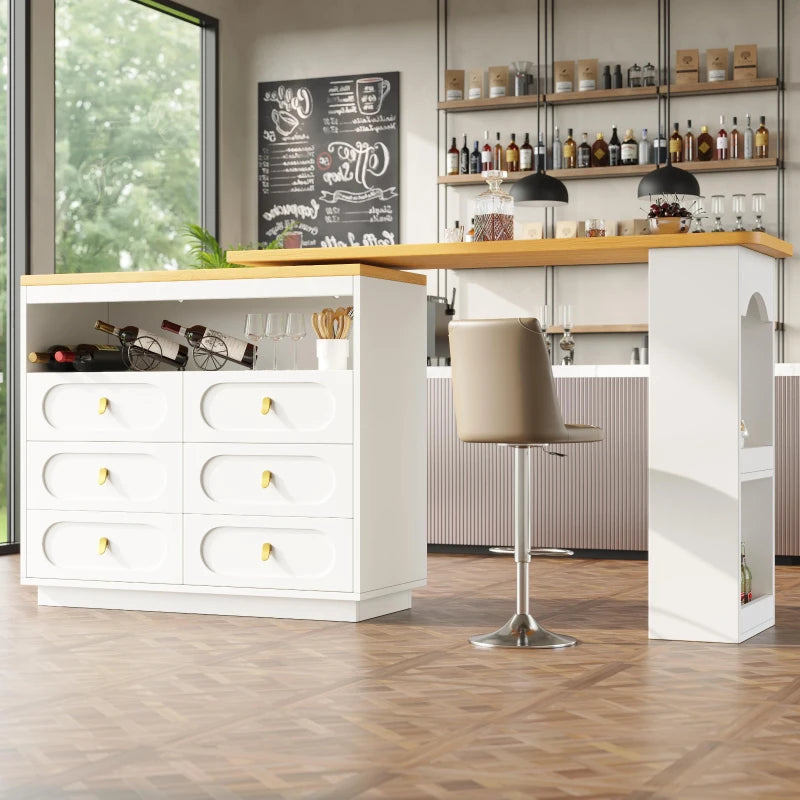 360° Rotating Bar Table with Side Table & Spice Rack - Extendable Kitchen Island with 6 Drawers, White, 137x39x90 cm