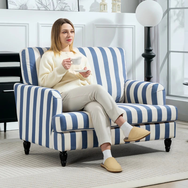 Velvet Cuddle Chair with Striped Design, Upholstered Snuggle Armchair for Living Room or Bedroom, Blue and White