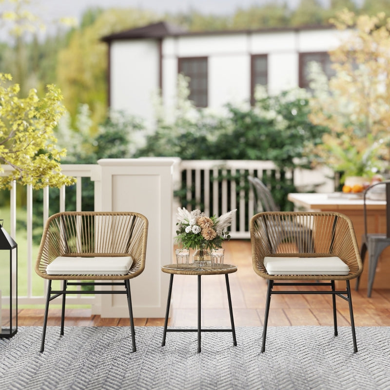 3 Pieces Rattan Bistro Set - Small Garden Table and Chairs with Cushions, Glass Top Coffee Table - Natural Wicker Outdoor Furniture for Patio and Balcony