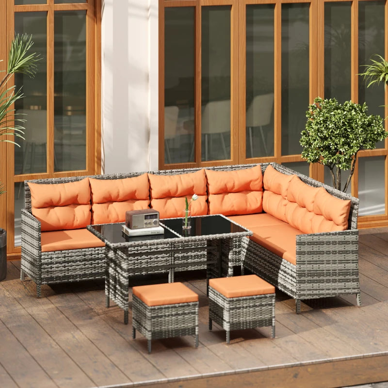 7-Seater Orange Cushioned Rattan Wicker Patio Sofa Set with Glass Table