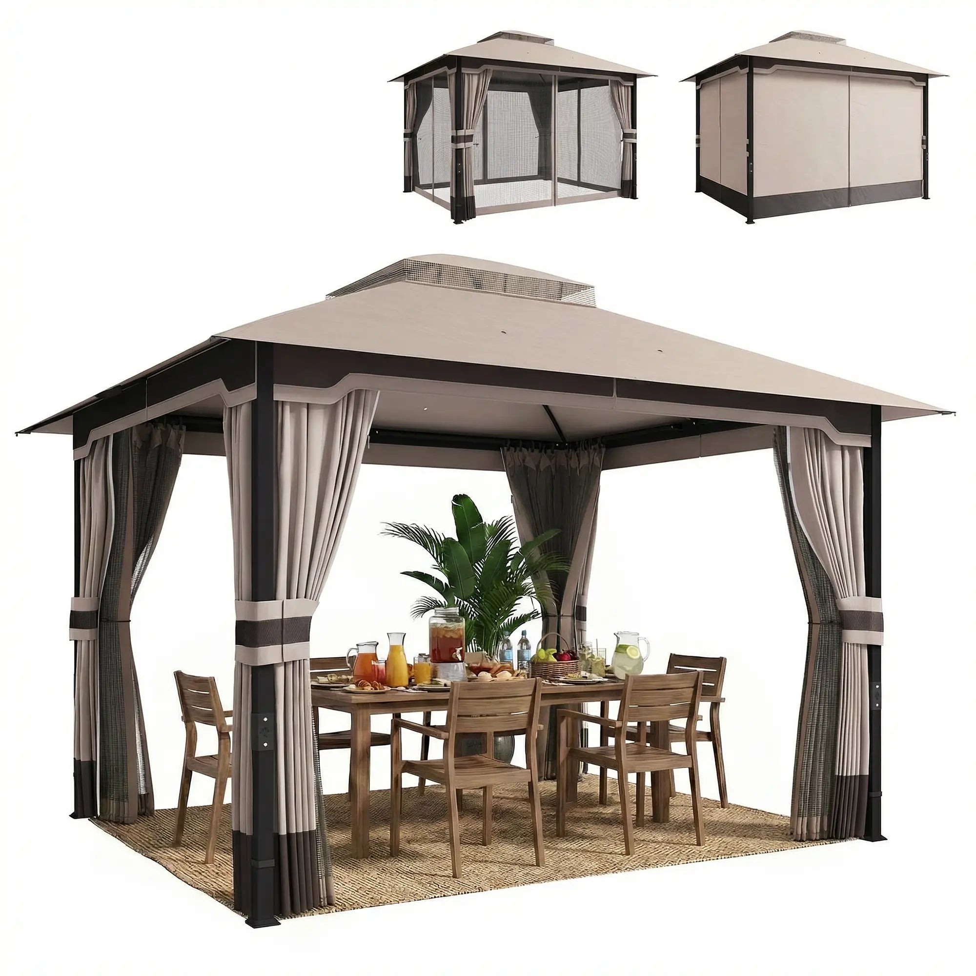 3 x 3.6m Ventilated Double Roof Garden Gazebo with Curtains & Mesh Netting, Heavy Duty Metal Frame Outdoor Patio Pavilion, Khaki