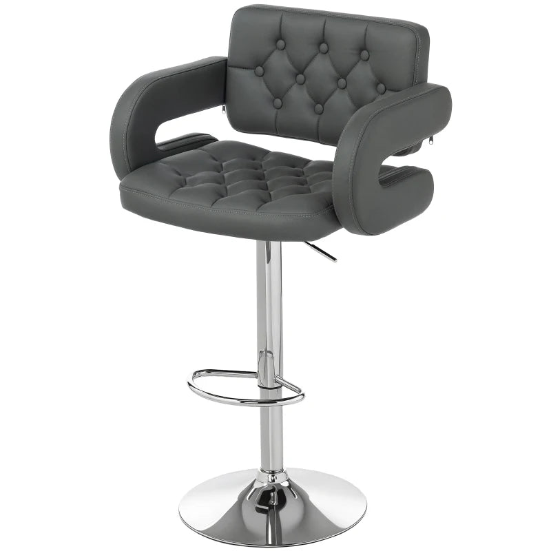 Adjustable Grey PU Leather Swivel Bar Stool with Back, Armrest & Footrest - Modern Height-Adjustable Design for Home & Bar