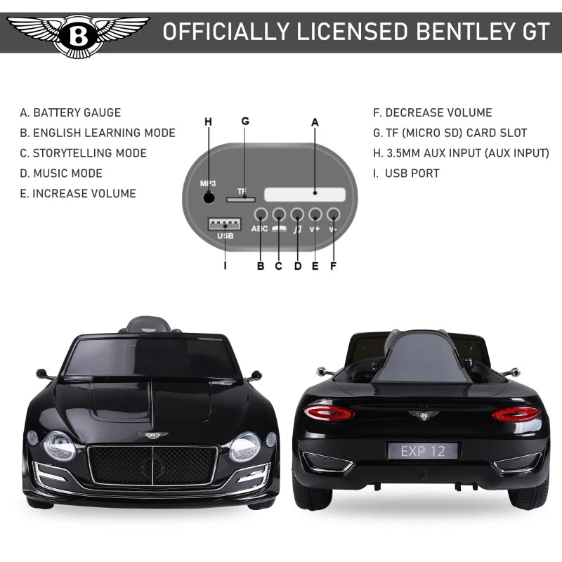 Bentley GT 12V Electric Ride-On Car for Kids with Remote Control, LED Lights & Music - Black, Ages 3-5