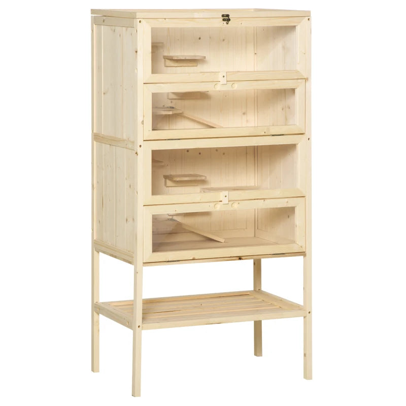 Large Wooden Hamster Cage with 4 Layers, Tall Bottom & Storage Shelf - Ideal Gerbil Habitat for Active Pets
