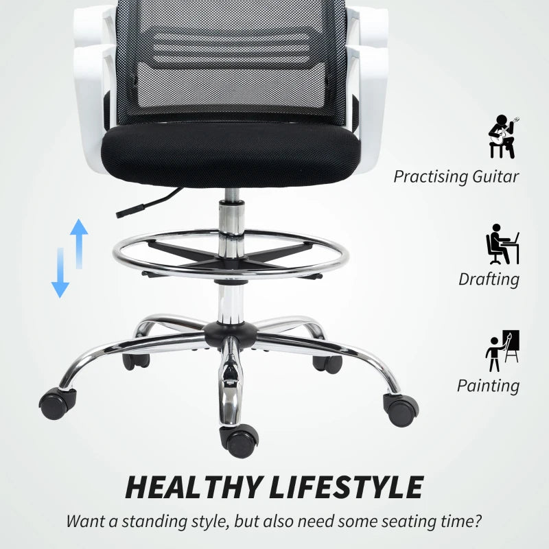 Ergonomic Draughtsman Chair - Mesh Drafting Office Chair with Lumbar Support & Adjustable Foot Ring - Black