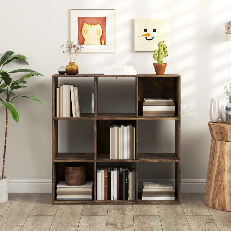 Rustic Brown Nine-Cube Storage Shelf - Versatile Organizer for Home, Office, and Kids' Rooms - Stylish and Functional