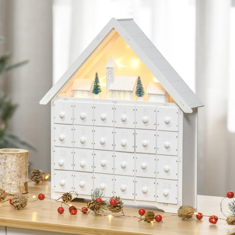 24-Drawer Light-Up Wooden Christmas Advent Calendar - Traditional Holiday Countdown Decoration for Kids & Adults - White House Design