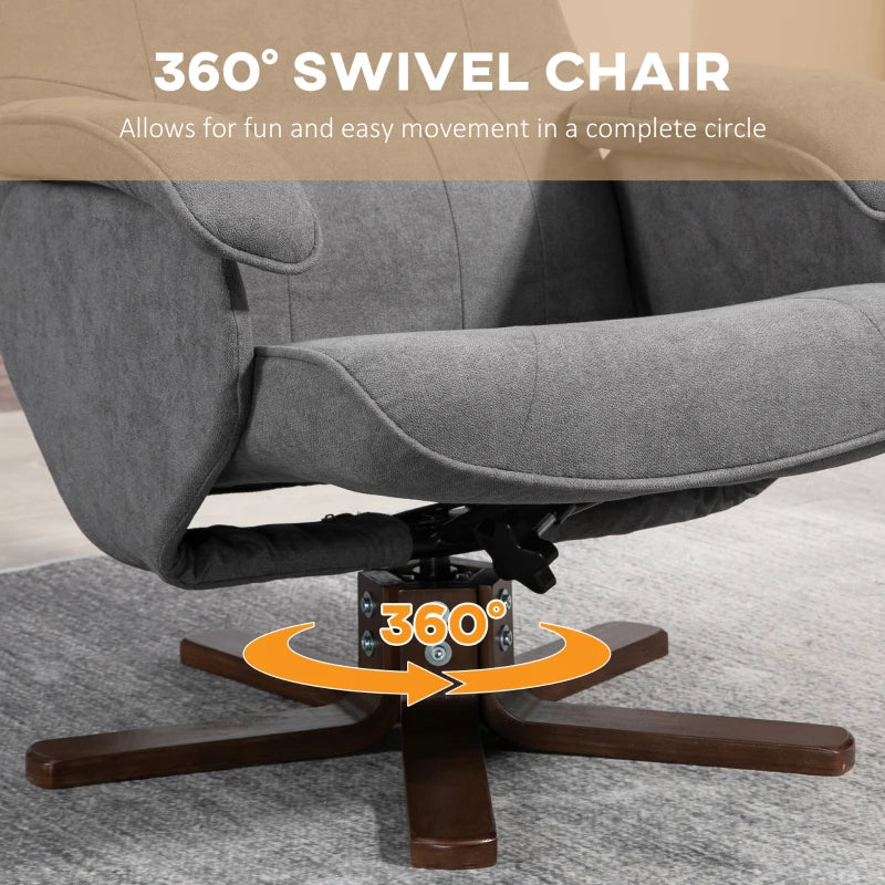 Linen Swivel Recliner Chair with Footstool - Upholstered Reclining Armchair with Wooden Base for Living Room, Grey