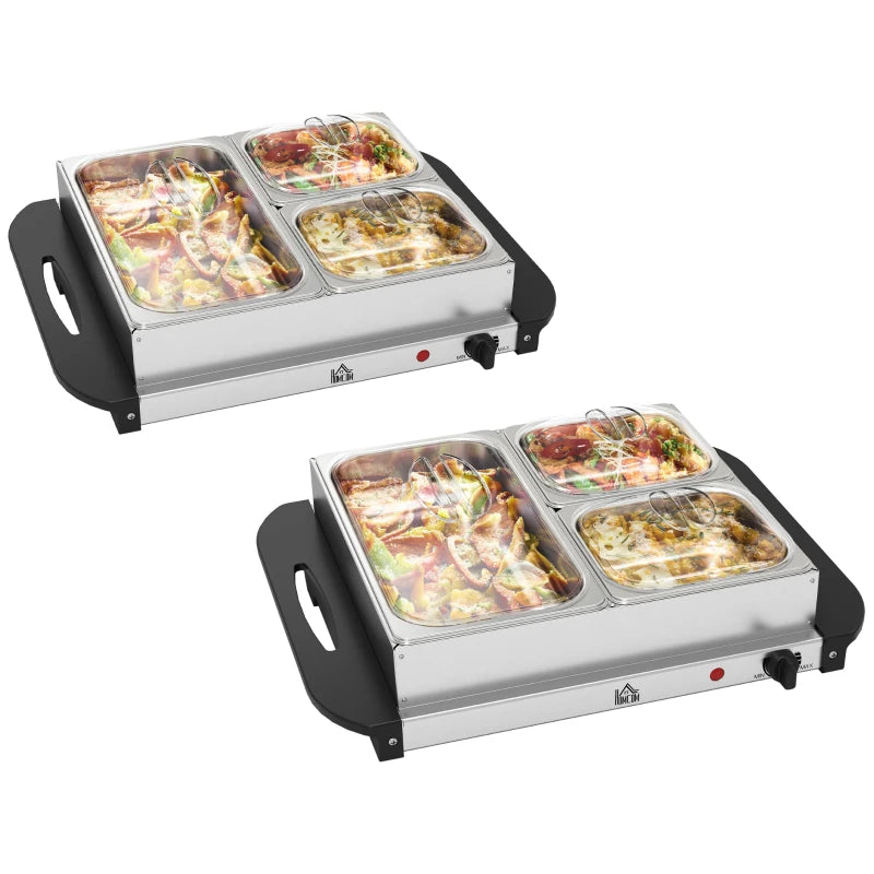 4.5L Stainless Steel Electric Buffet Server Set of 2 with 3 Trays & Lids - Perfect for Parties & Events