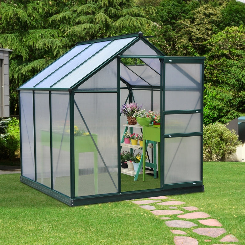 Green 6ft x 6ft Walk-In Polycarbonate Greenhouse with Aluminium Frame, Sliding Door & Roof Vent Window – Outdoor Garden Grow House for Plants, Vegetables & Flowers – Green