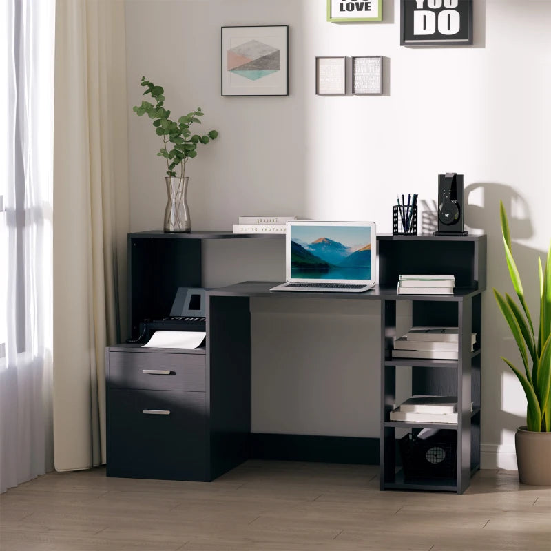 Large Black Computer Desk with Drawers & Storage Shelves - Office Writing Table & Printer Stand for Home Office, 137x55x92cm