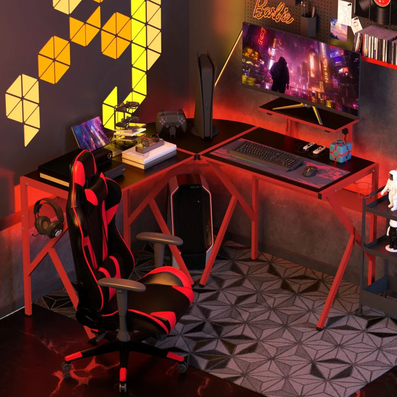 L-Shaped Gaming Desk for Home Office - Adjustable Monitor Stand, Cup Holder & Headphone Hook - 125x125x75cm, Red