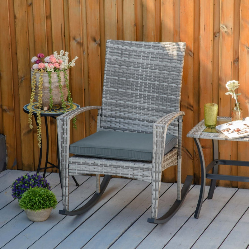 Light Grey Rattan Rocking Chair Set with Armrest and Cushion